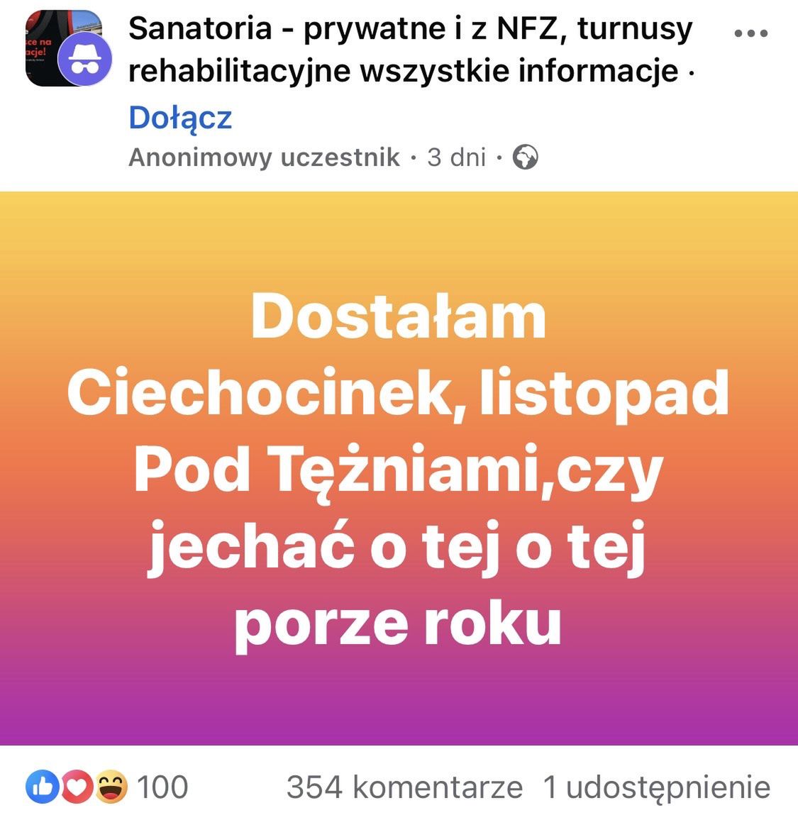 Wpis na grupie na Facebooku