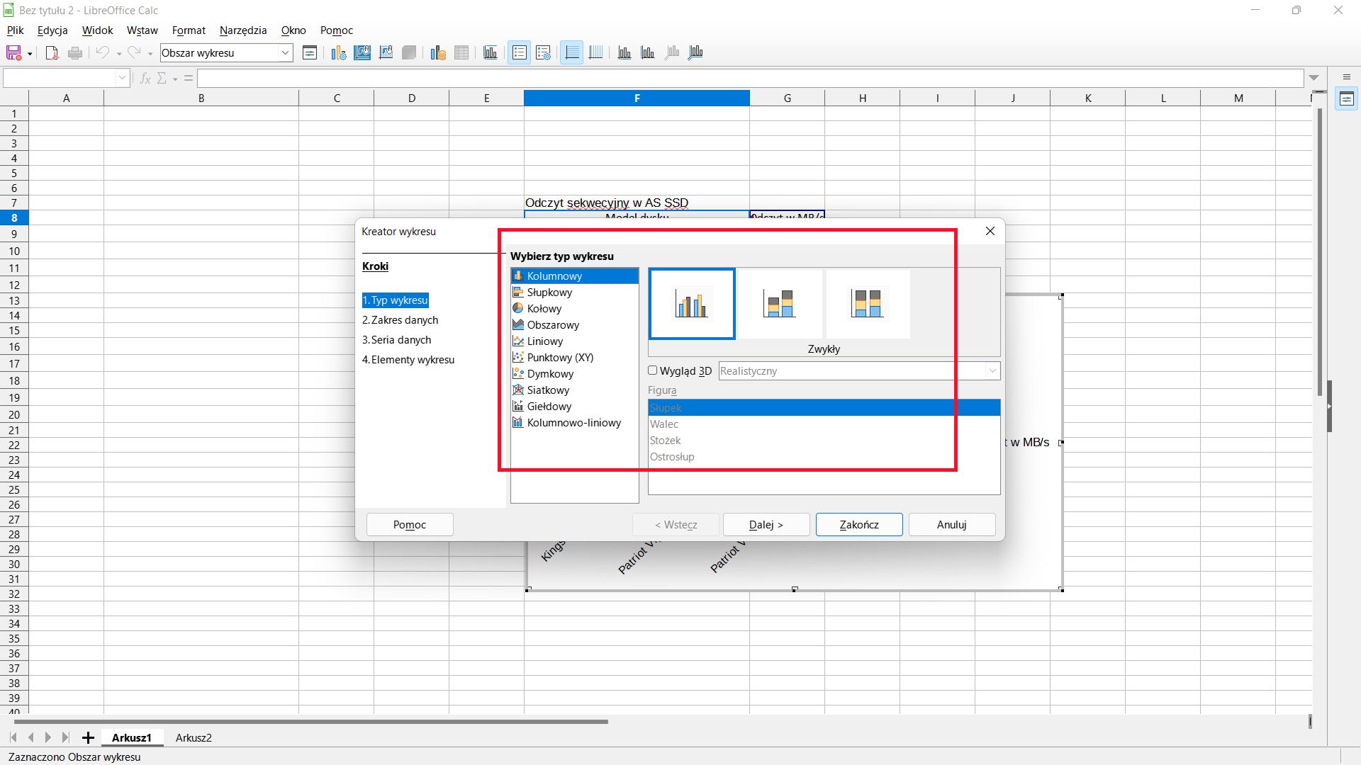 Funkcja dodawania wykresu w programie LibreOffice.