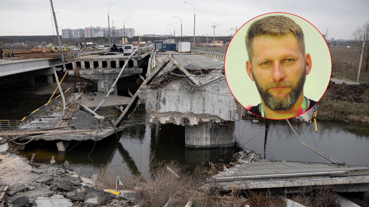 Zdjęcie okładkowe artykułu: Getty Images / Getty / Newspix / Na zdjęciu: zniszczony most w Irpieniu / Pawieł Szurmiej (w kółku)