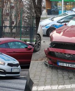 Kolizja radiowozu z mustangiem. Wiadomo, co się stało