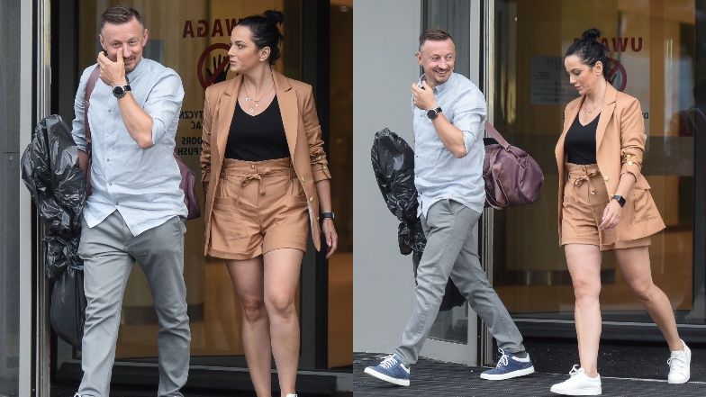 Izabela Małysz w towarzystwie męża Adama idzie do samochodu po treningu do "Tańca z gwiazdami"
