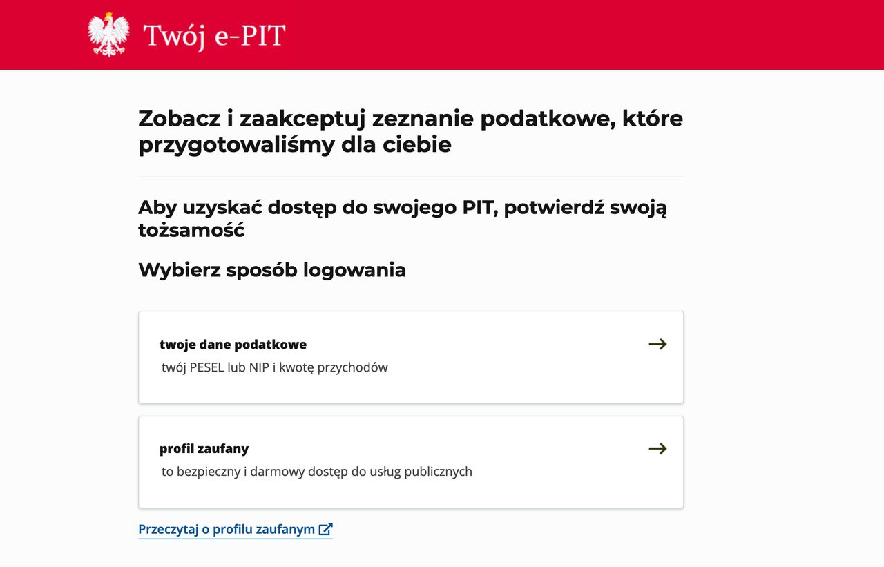 Strona logowania Portalu Podatkowego – tu wybieramy dogodną metodę logowania