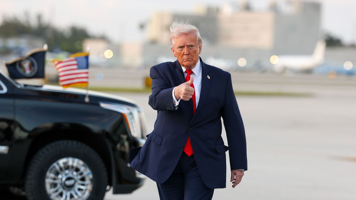 MIAMI, FLORIDA - APRIL 11: U.S. President Donald Trump waves to the media after walking off of Air Force One at Miami International Airport on April 11, 2026 in Miami, Florida. President Trump came to town to attend a UFC Fight. (Photo by Tasos Katopodis/Getty Images)