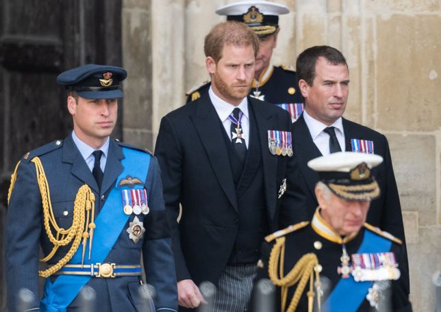 The State Funeral Of Queen Elizabeth IILONDON, ENGLAND - SEPTEMBER 19: Prince William, Prince of Wales, Prince Harry, Duke of Sussex, Peter Phillips and King Charles III during the State Funeral of Queen Elizabeth II at Westminster Abbey on September 19, 2022 in London, England.  Elizabeth Alexandra Mary Windsor was born in Bruton Street, Mayfair, London on 21 April 1926. She married Prince Philip in 1947 and ascended the throne of the United Kingdom and Commonwealth on 6 February 1952 after the death of her Father, King George VI. Queen Elizabeth II died at Balmoral Castle in Scotland on September 8, 2022, and is succeeded by her eldest son, King Charles III. (Photo by Samir Hussein/WireImage)Samir Hussein