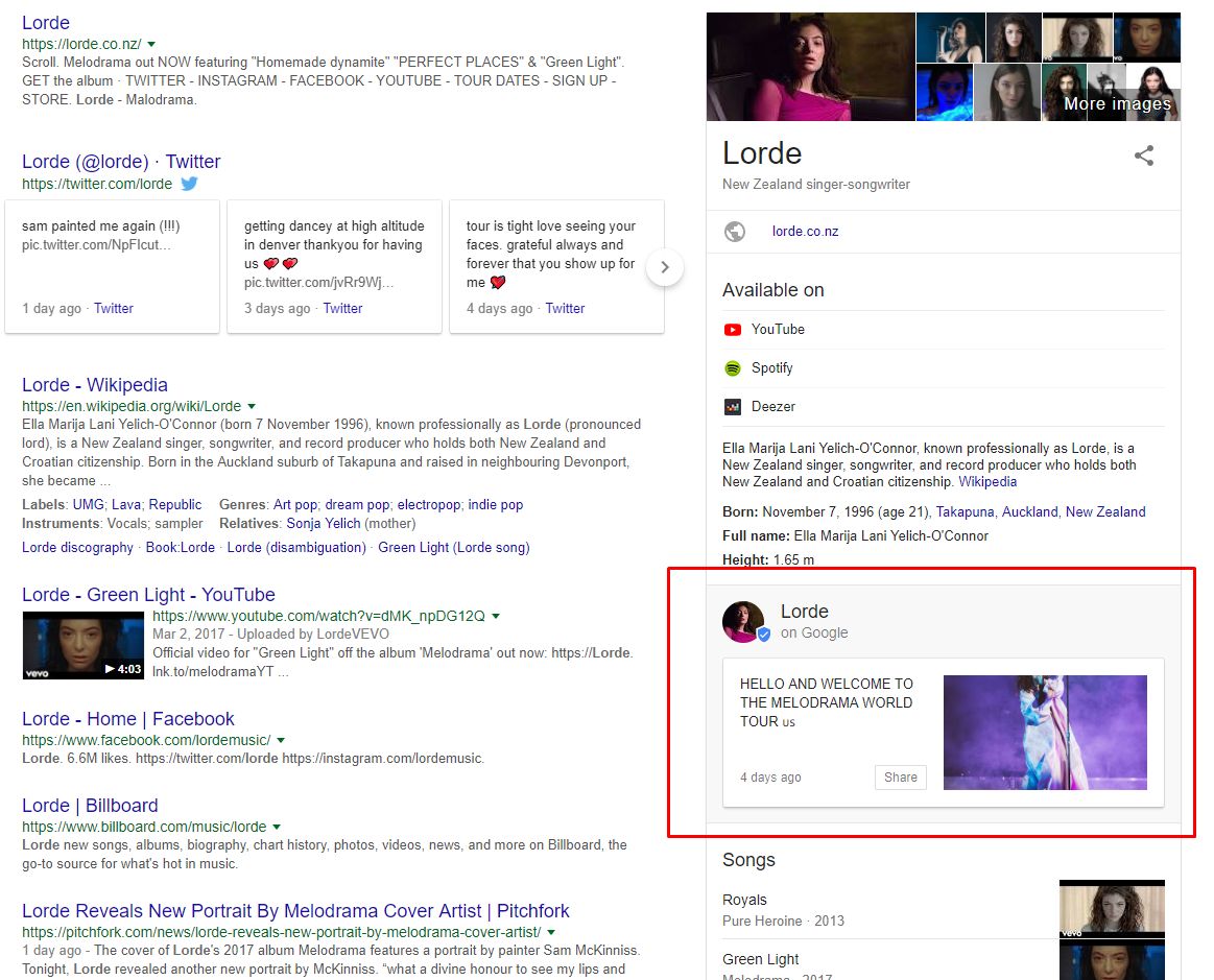 Wyniki wyszukiwania frazy Lorde w Google. Posty artystki widoczne są na bocznym panelu z informacjami.