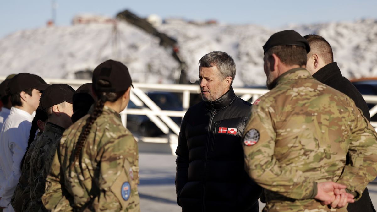 NUUK, GREENLAND - FEBRUARY 18: King Frederik X of Denmark inspects the recruits from the Arctic Basic Training programme in front of HDMS Vædderen, a Thetis class ocean patrol vessel. Arctic Basic Training is aimed at young people living in Greenland who, during the training, obtain defence and emergency preparedness skills for handling tasks in Greenland on the first day of King Frederik X's visit to Greenland on February 18, 2026 in Nuuk, Greenland. (Photo by Christian Klindt Sølbeck/Getty Images)