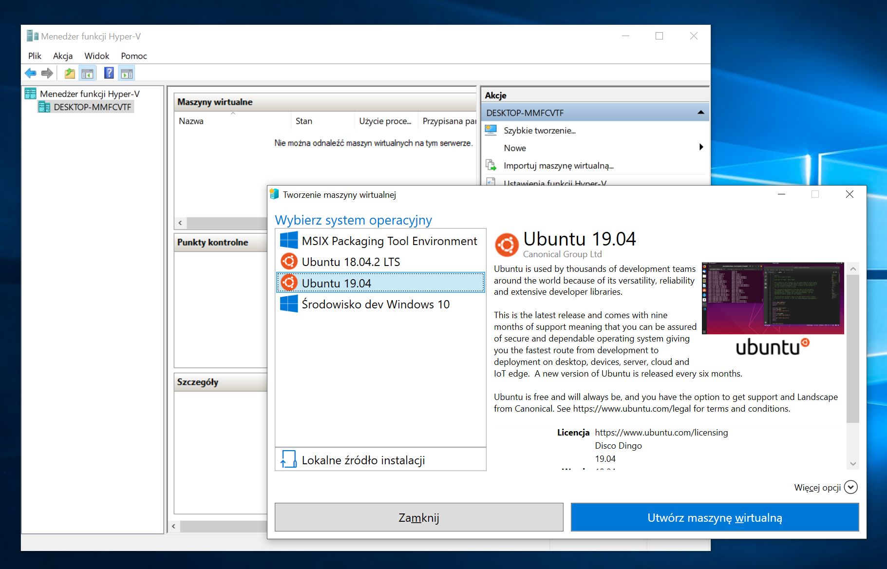 Widok tworzenia nowej maszyny wirtualnej z Ubuntu 19.04