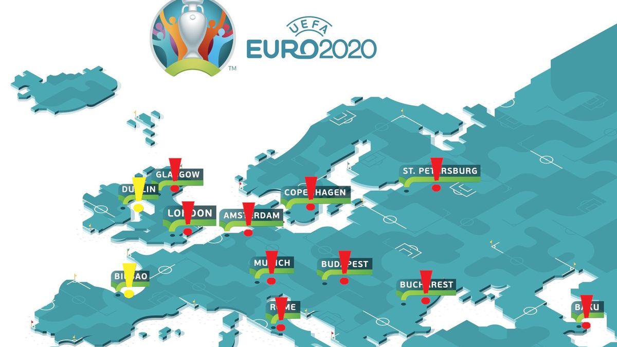 Zdjęcie okładkowe artykułu: Materiały prasowe /  / Mapa Euro 2020. Na żółto mecze, gdzie mecze mają rozegrać Polacy, na czerwono pozostałe lokalizacje, gdzie potwierdzono koronawirusa