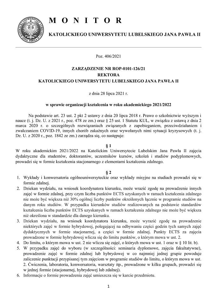 Zarządzenie Rektora KUL ws. powrotu studentów na uczelnię