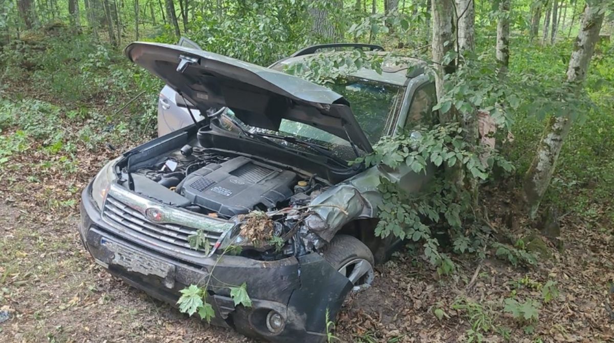 Auto wypadło z drogi i uderzyło w drzewo. 