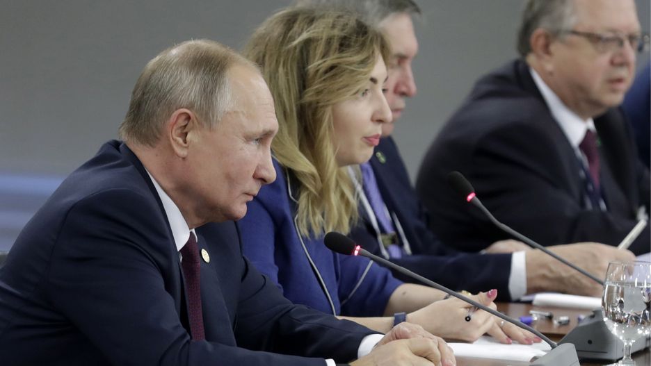 BRASILIA, BRAZIL - NOVEMBER 14, 2019: Russia's President Vladimir Putin (L) during a meeting with Brazil's President Jair Bolsonaro at the Planalto Palace. Mikhail Metzel/TASS (Photo by Mikhail Metzel\TASS via Getty Images)