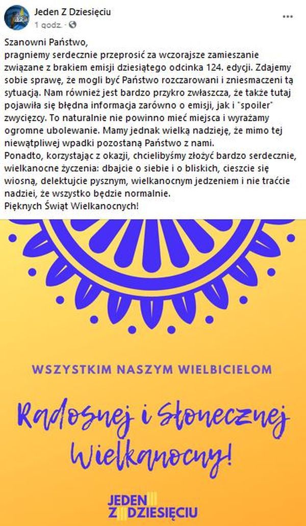 "1 z 10" przeprasza widzów