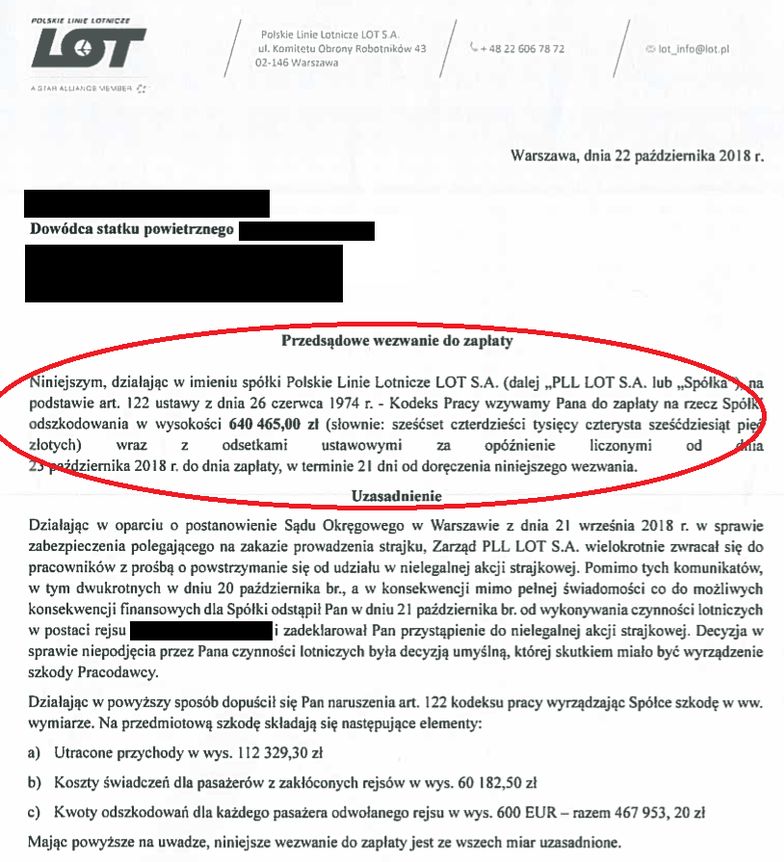 Takie wezwania do zapłaty otrzymało kilku pilotów LOT