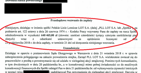 640 tys. złotych za strajk w LOT. Piloci otrzymują wezwania do zapłaty