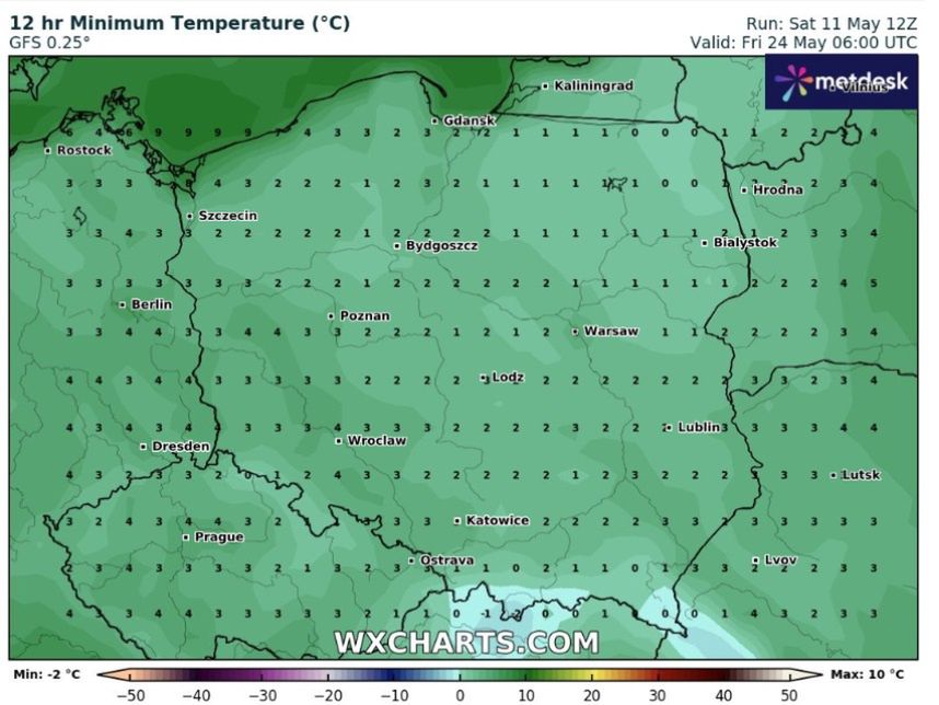 Według prognoz serwisu wxcharts.com pod koniec maja znów może się ochłodzić. Temperatura rano, na wysokości 2 metrów, spadnie do 2-3 st. C, a miejscami nawet do zera. To oznacza, że przy gruncie mogą pojawić się przymrozki.