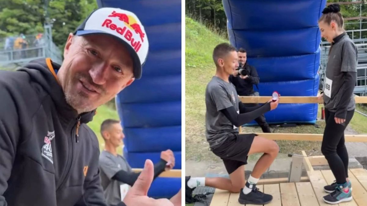 Instagram / stories/adammalyszofficial / Na zdjęciach: Adam Małysz i oświadczyny na mecie biegu Red Bull 400
