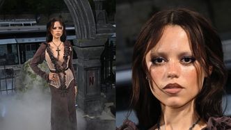 MROCZNA Jenna Ortega w Paryżu promuje drugi sezon "Wednesday". Aktorka wybrała kreację ze śmiałym dekoltem
