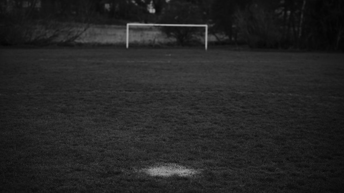BISHOP'S STORTFORD, ENGLAND - APRIL 02: (EDITORS NOTE: This image has been converted to black and white) A football pitch is seen on April 02, 2023 in Bishop's Stortford, England. Hundreds of Sunday league football games have been postponed up and down the country due to waterlogged pitches as a result of excessive rainfall and widespread flooding. (Photo by Gareth Cattermole/Getty Images)