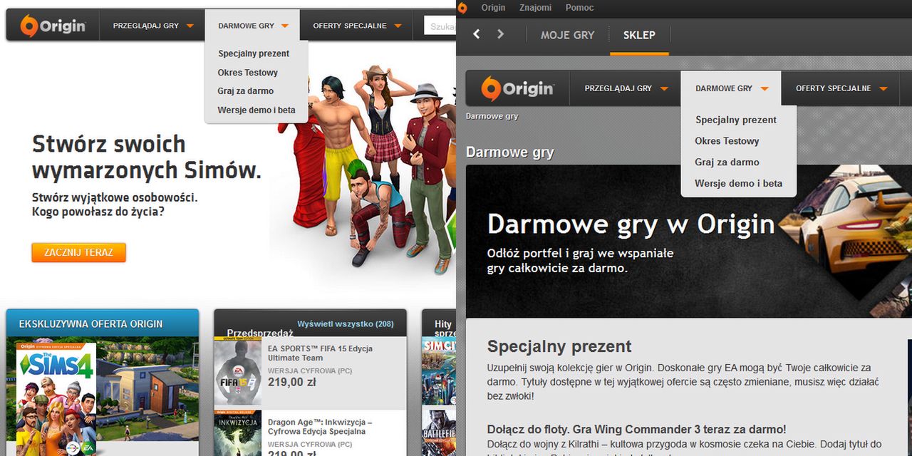 Zakładka Wersje demo i beta na stronie Origin i w kliencie platformy