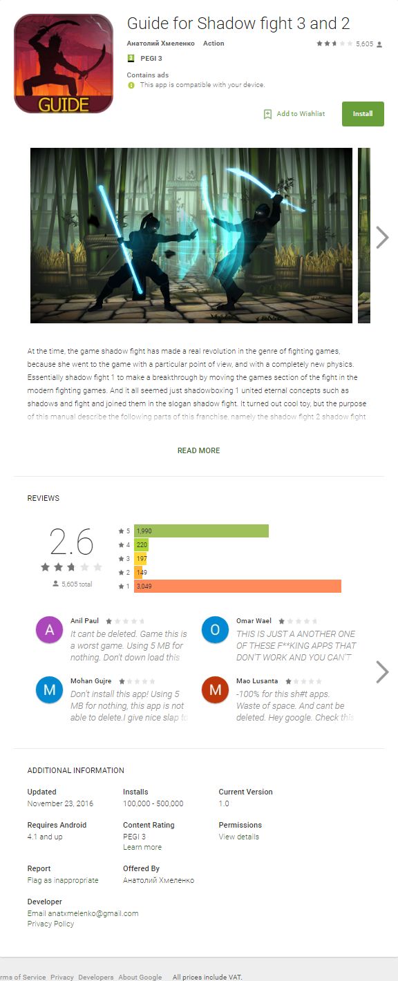 Przewodnik do Shadow Fight 3 i 2, a w rzeczywistości malware FalseGuide. Źródło: Check Point Software