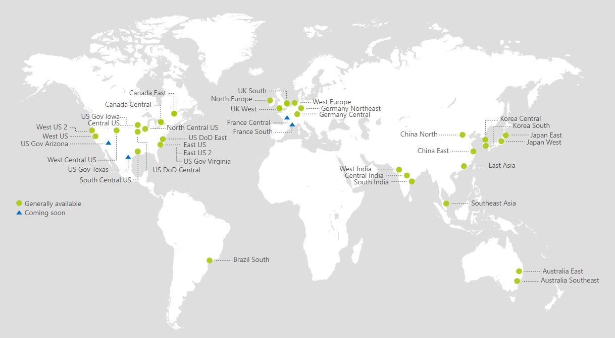 Mapa regionów Microsoft Azure na świecie