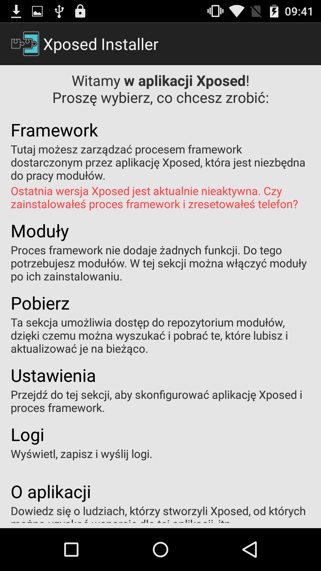 Po pierwszym uruchomieniu: Xposed nie zostało jeszcze zainstalowane