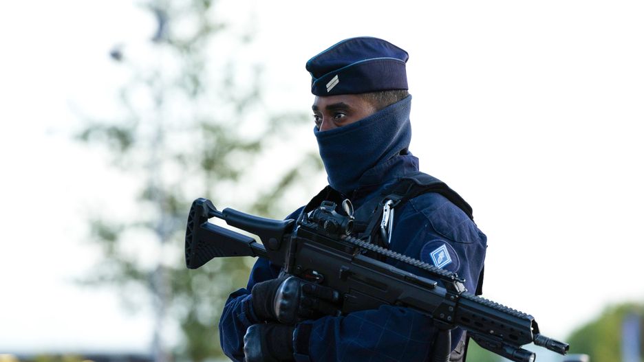 LILLE, FRANCE - OCTOBER 17: Armed police before  an international friendly match between France and Scotland at Stade Pierre Mauroy, on October 17, 2023, in Lille, France. (Photo by Craig Foy/SNS Group via Getty Images)