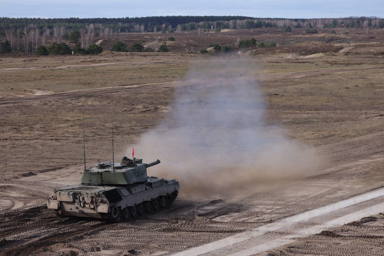 KLIETZ, GERMANY - FEBRUARY 23: A Leopard 1A5 main battle tank operated by a Ukrainian tank crew takes part in a presentation of capabilities at a military training center on February 23, 2024 near Klietz, Germany. The Bundeswehr, Germany's armed forces, is training Ukrainians on the Leopard 1A5 main battle tank and the Marder infantry fighting vehicle as part of an ongoing program to supply Ukraine with weaponry. Tomorrow will mark the 2nd anniversary of Russia's invasion of Ukraine as Russian forces appear to be gaining momentum against munitions-starved Ukrainian defenders. (Photo by Sean Gallup/Getty Images)