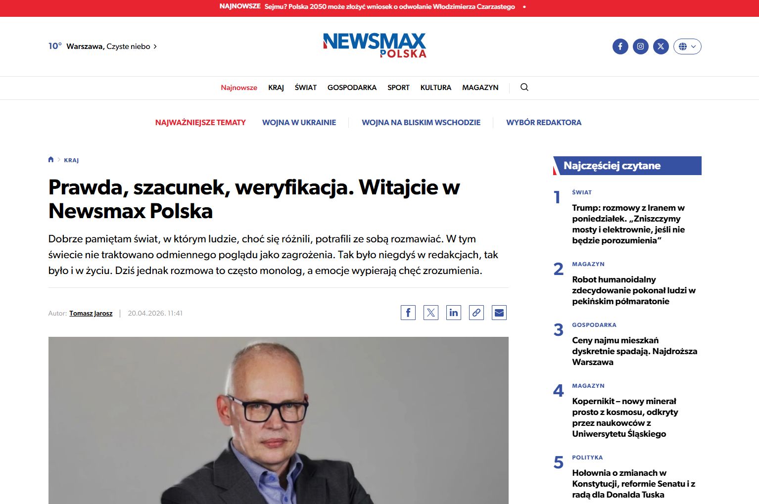 Szef portalu powitał się z czytelnikami