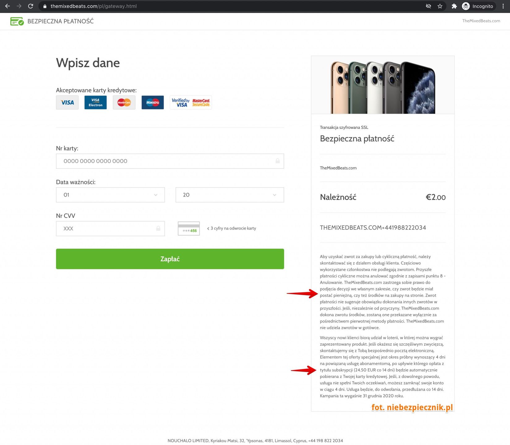 Inna prowadzi do formularza płatności, gdzie można się naciąć na cykliczne opłaty, fot. Niebezpiecznik.