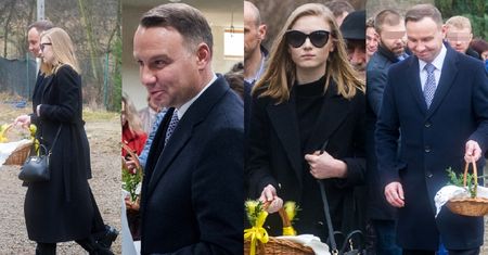 Uśmiechnięty Andrzej Duda i Kinga w wielkich okularach idą ze święconką (ZDJĘCIA)