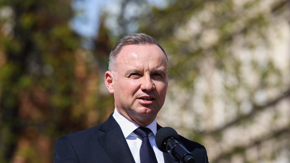 Andrzej Duda, President of Poland, attends commemoration ceremony of the Day of Remembrance for Victims of Katyn Massacre in Krakow, Poland on April 13, 2025.
 (Photo by Beata Zawrzel/NurPhoto via Getty Images)