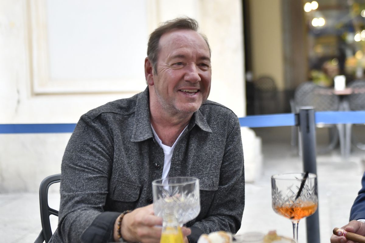 TURIN, ITALY JUNE, 01: Kevin Spacey is seen sitting outside a cafe on June 1, 2021 in Turin, Italy. Kevin Spacey is in Turin to shoot a film called "The Man Who Drew God" by Franco Nero. (Stefano Guidi/Getty Images)
