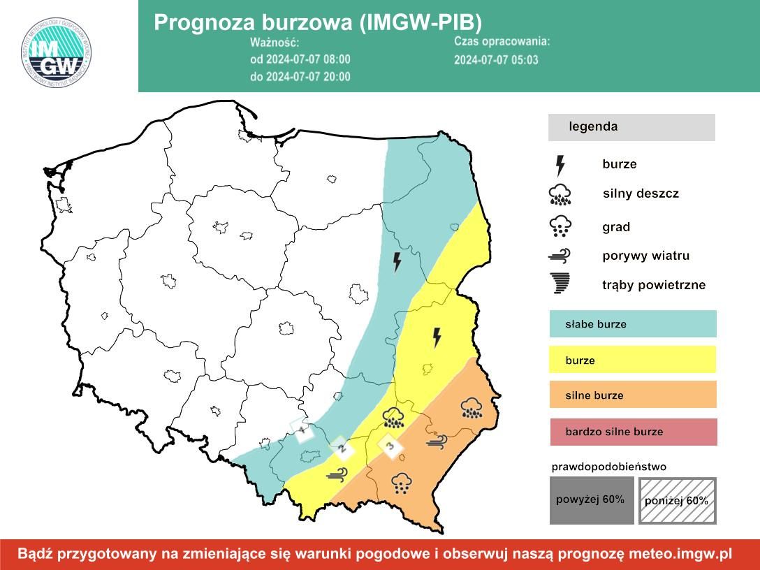 Prognoza burzowa IMGW na niedzielę, 7 lipca 2024 r.