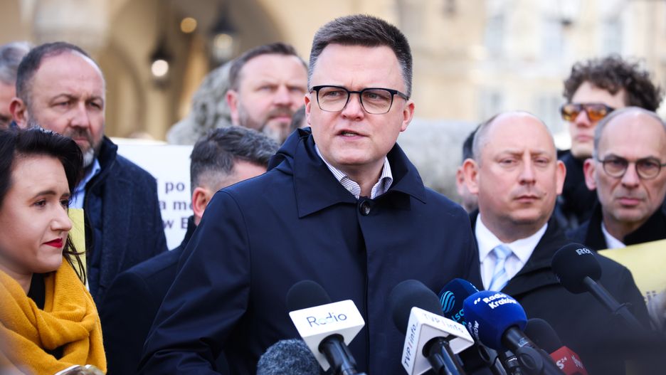 Szymon Holownia, Marshal of the Sejm of the, Republic of Poland and presidential candidate in the upcoming election attends a press conference at the Main Square in Krakow, Poland o April 7th, 2025. (Photo by Beata Zawrzel/NurPhoto via Getty Images)