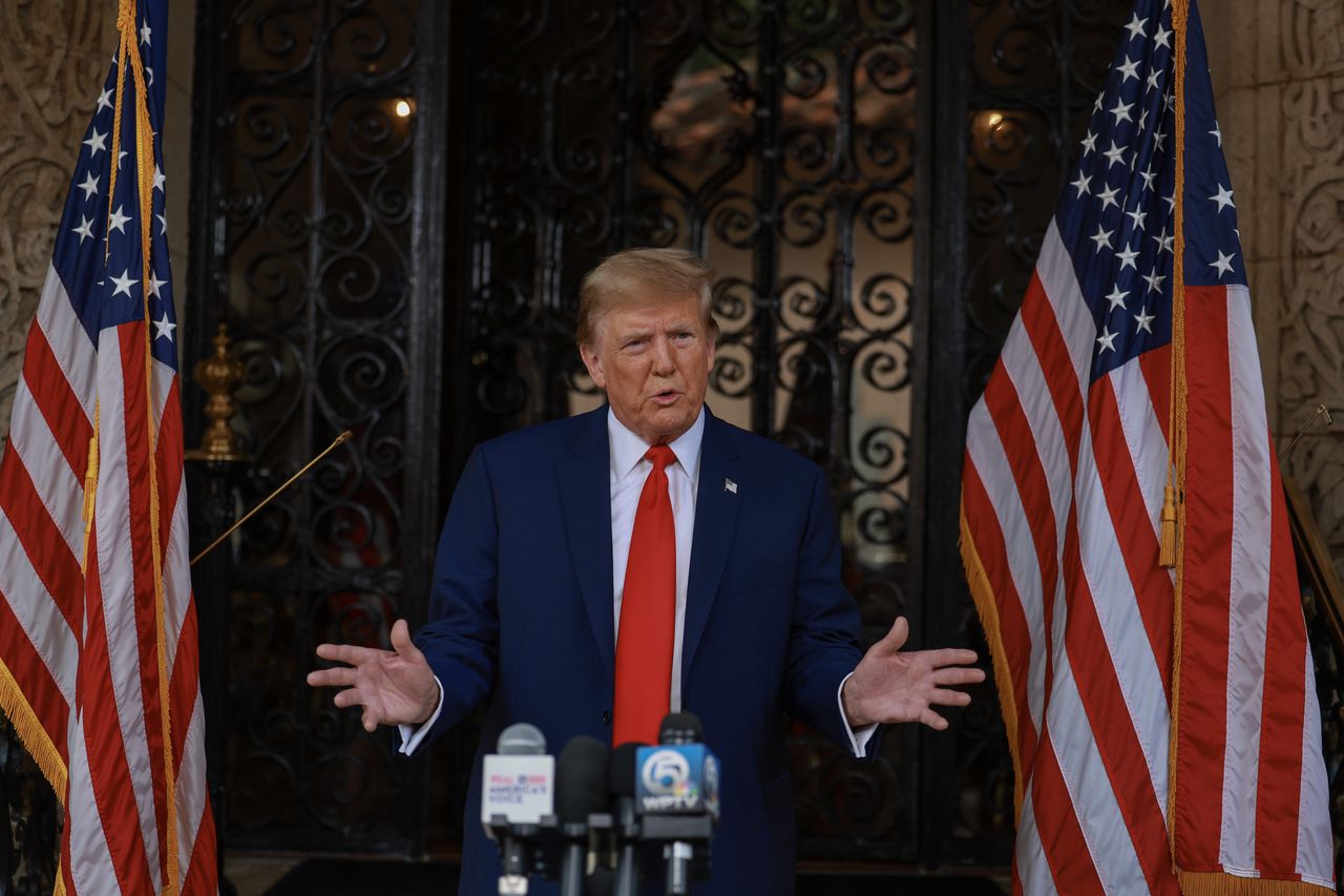 PALM BEACH, FLORIDA - FEBRUARY 08: Former U.S. President Donald Trump speaks during a press conference held at Mar-a-Lago on February 08, 2024 in Palm Beach, Florida. Mr. Trump spoke as the United States Supreme Court hears oral arguments over Trump’s ballot eligibility under the 14th Amendment. (Photo by Joe Raedle/Getty Images)