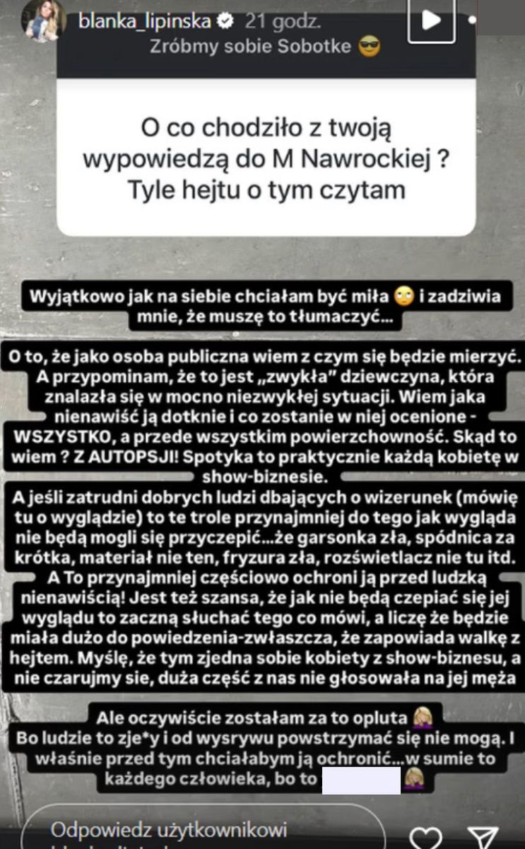 Lipińska wyjaśniła intencje swoich słów do Marty Nawrocki