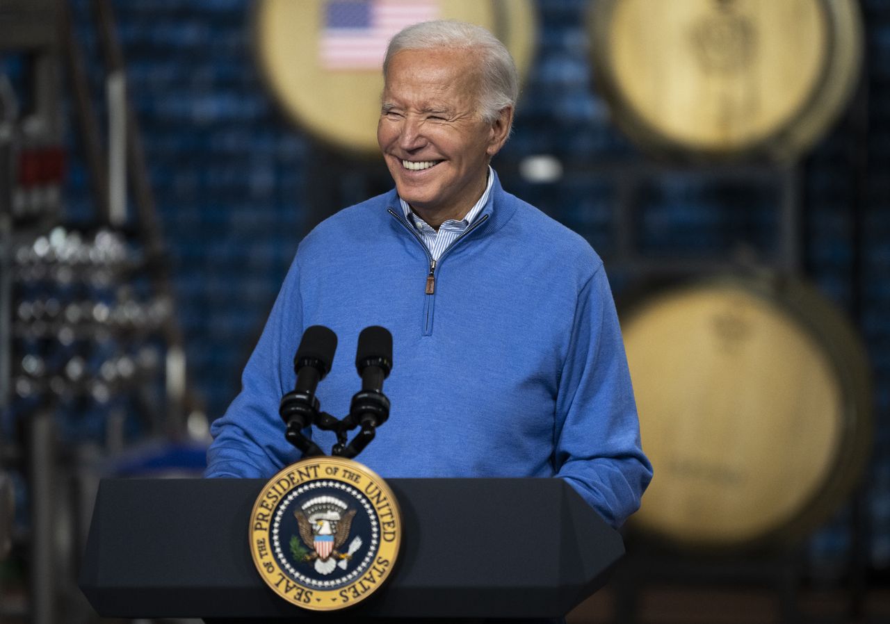 SUPERIOR, WISCONSIN - JANUARY 25: U.S. President Joe Biden speaks about funding for the I-535 Blatnik Bridge at Earth Rider Brewery on January 25, 2024 in Superior, Wisconsin. Biden touched on his economic agenda and recent federal funding for infrastructure projects. (Photo by Stephen Maturen/Getty Images)