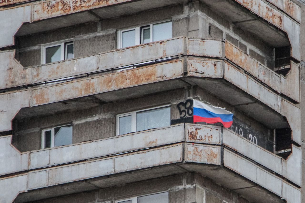 Russian Federation flag on the wind on the balcony on Soviet era block of flats is seen in Kaliningrad Russia on 7 September 2019  (Photo by Michal Fludra/NurPhoto via Getty Images)