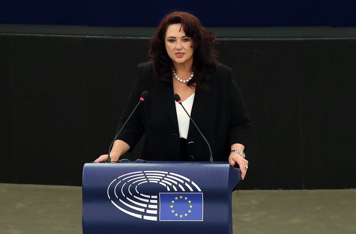 STRASBOURG, FRANCE - OCTOBER 04: European Commissioner for Equality Helena Dalli speaks at General Assembly of the European Parliament in Strasbourg, France on October 04, 2021. (Photo by Dursun Aydemir/Anadolu Agency via Getty Images)