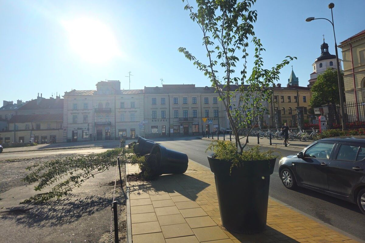 Przewrócone donice z drzewami na ul. Bajkowskiego w Lublinie