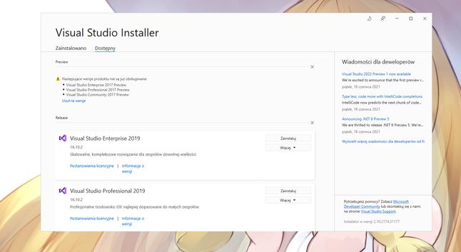 Instalator Visual Studio jeszcze nie zawiera wersji 2022... ale ogłoszenie o nim już tak