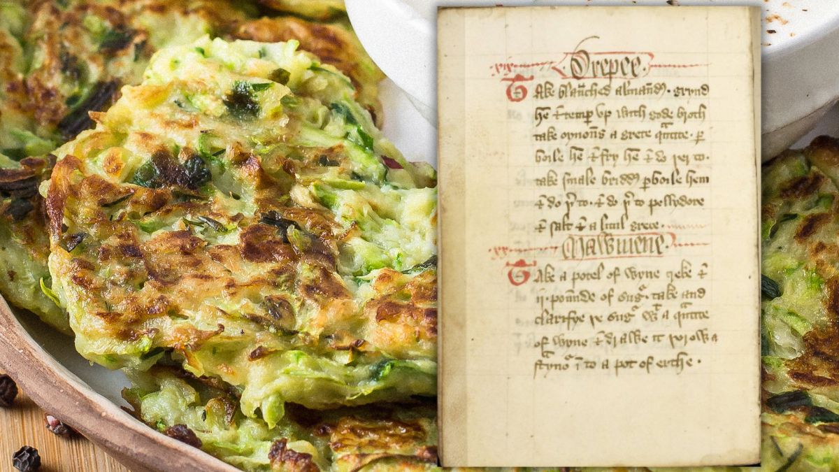 Strona ze średniowiecznej książki kucharskiej "The Forme of Curye". To z niej pochodzi przepis na ziołowe placki