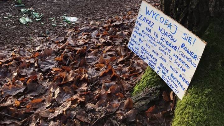 Tabliczka na drzewie, a szkło na ścieżce. Taki widok można zobaczyć w Lesie Młochowskim