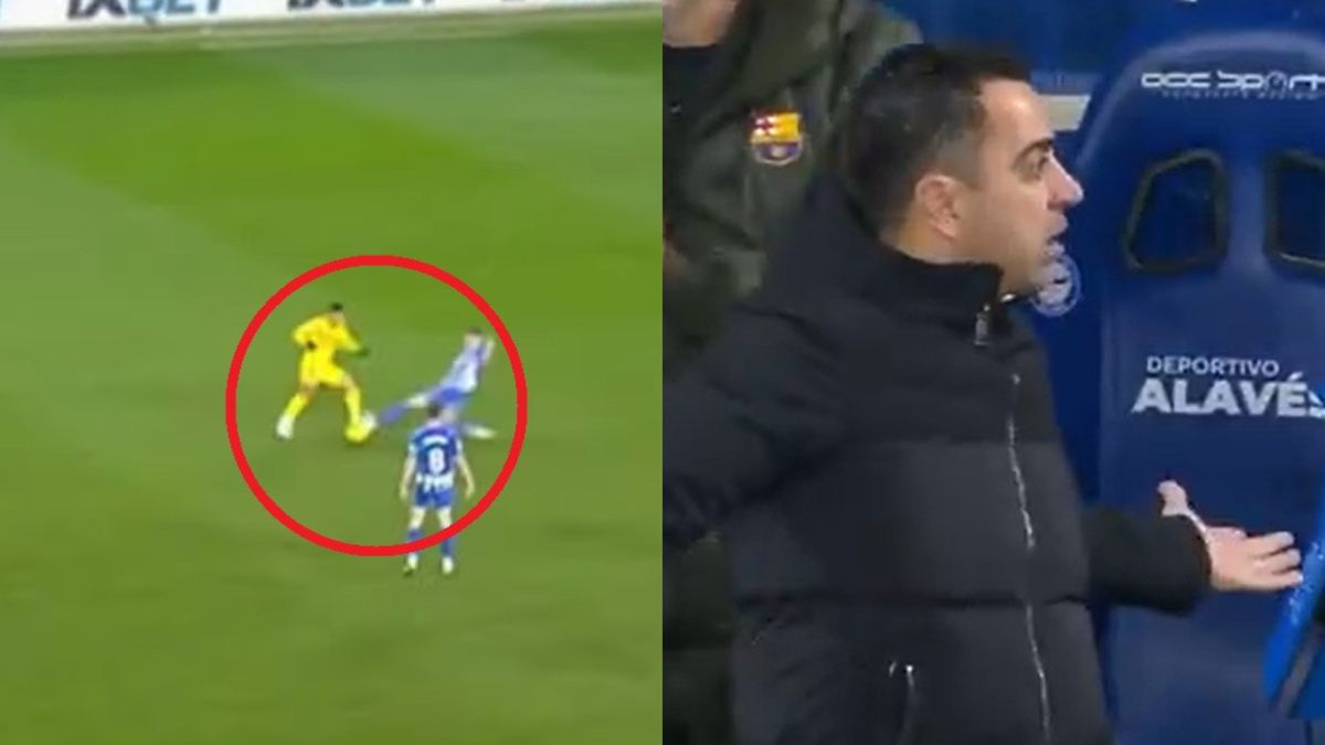 Twitter / ELEVENSPORTSPL / Na zdjęciu: faul Vitora Roque i reakcja Xaviego