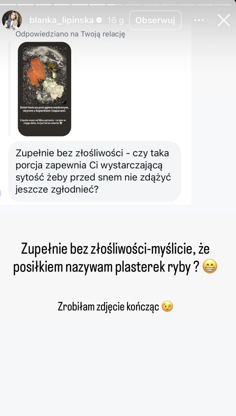 Blanka Lipińska odpowiada obserwującej 