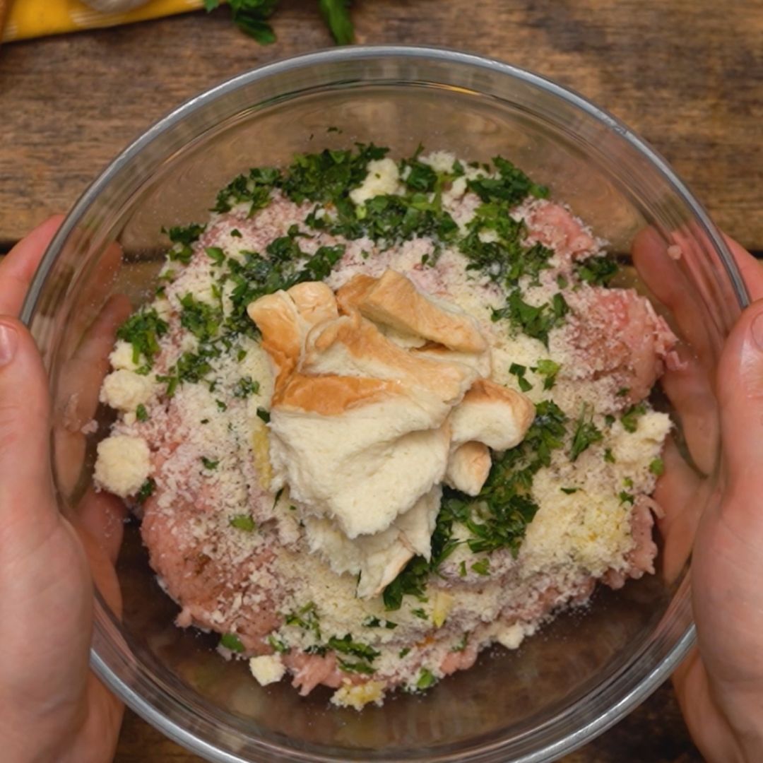 The first phase of working on the recipe is making the meatballs.