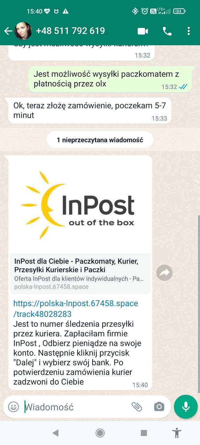 Próba oszustwa na portalu OLX, "na dostawę InPost"