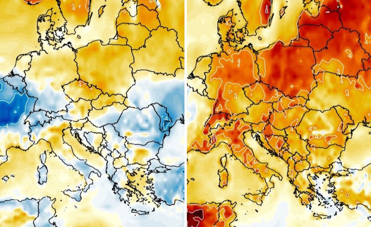 Rano w piątek (po lewej - im jaśniej, tym chłodniej) będzie jeszcze chłodno. W ciągu dnia zrobi się cieplej, a w weekend na termometrach zobaczymy ponad 20 st. C (po prawej)