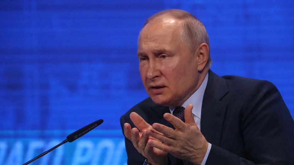 MOSCOW, RUSSIA - MARCH,16 (RUSSIA OUT) Russian President Vladimir Putin gestures during the congress of Russian Union of Industrialists and Entrepreneurs (RSPP), March,16,2023, in Moscow, Russia. Putin met top Russian businessmen and billionaires to talk about economic problems resulting from the santions and military invasion of Ukraine. (Photo by Contributor/Getty Images)